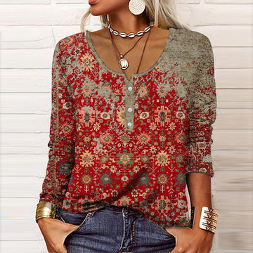 Elegant Red Aztec Print Blouse for Women | Sophia