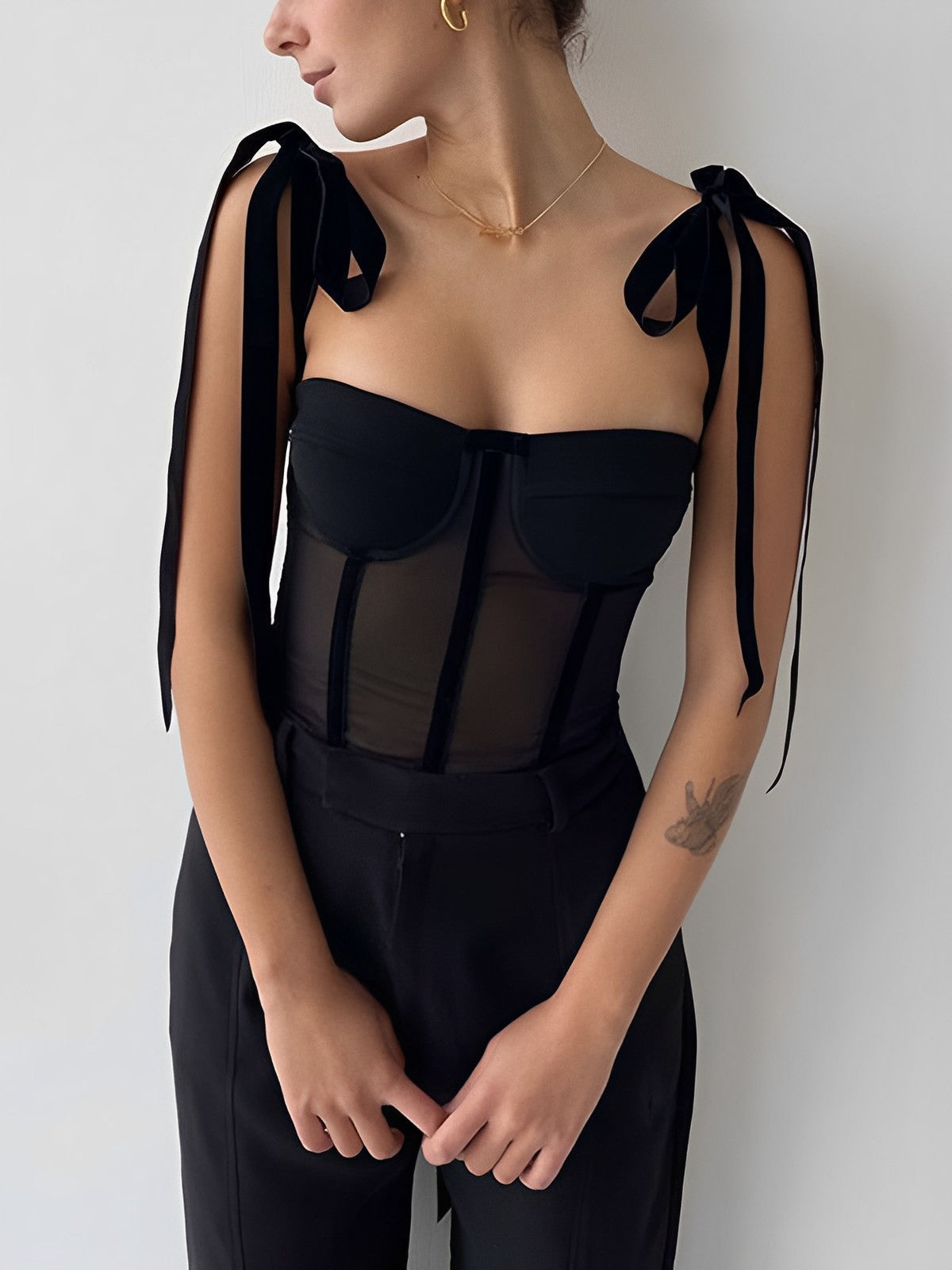 Elegant Black Mesh Corset Top for Women | Yzabel