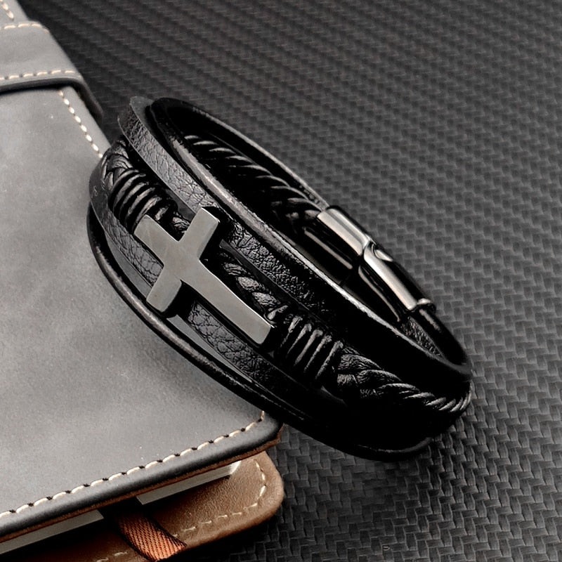 Sleek Black Cross Bracelet for Men | Damian